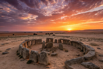 Breathtaking sunset paints sky in hues of orange and purple over ancient stone structures