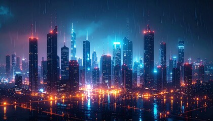 Obraz premium A vibrant city skyline illuminated by colorful lights under a rainy night sky, creating a stunning urban atmosphere