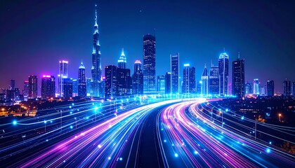 A vibrant city skyline at night, illuminated by colorful lights and dynamic traffic trails, showcasing modern architecture and urban energy