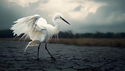 Majestic egret with outstretched wings on cracked earth.