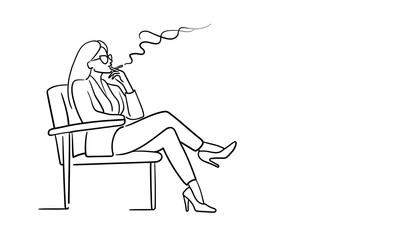 Woman smoking while sitting on a chair, continious line art drawing. Assistant, consuitant on white background. Vector illustration