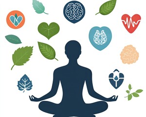 Holistic Health Meditating Silhouette with Brain with Heart  Plant Icons.