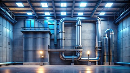 Industrial Interior Modern Steel Piping and Concrete Structure with Elevated Platform and Lighting