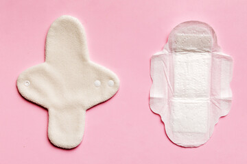 set of colorful bright reusable menstrual pads. zero waste woman periods concept top view with copy space