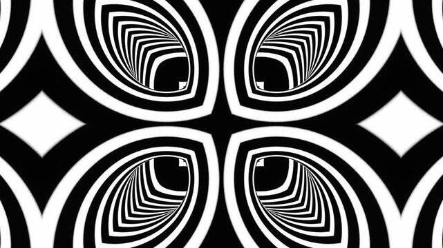 Black and white pattern with four circles in the middle. Kaleidoscope VJ loop