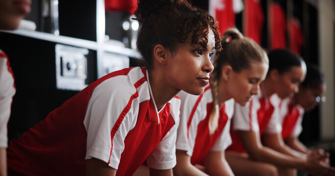 Fitness, rest and soccer with team in locker room, competition and tournament with wonder. Players, uniform and women with football, together for mission and start with break, decision and thinking - Powered by Adobe