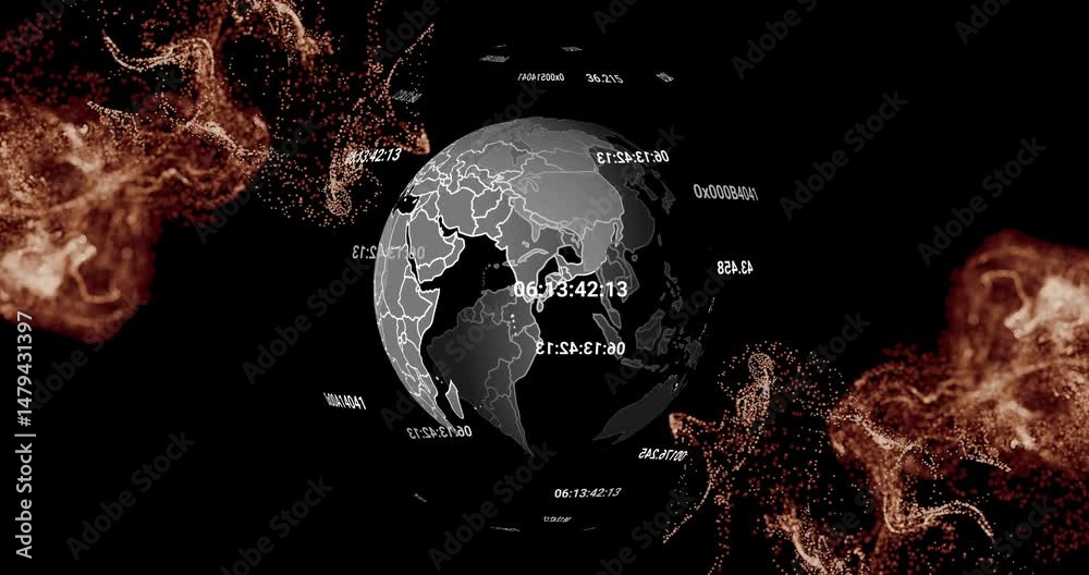 Poster 3d earth globe spinning in dark data void, showing floating timestamps and hex codes