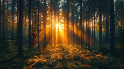 Obraz premium Golden sunlight streams through pine forest