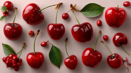 3d realistic vector icon illustration. Fresh red cherries with stem and leaf or without. Pattern frame.