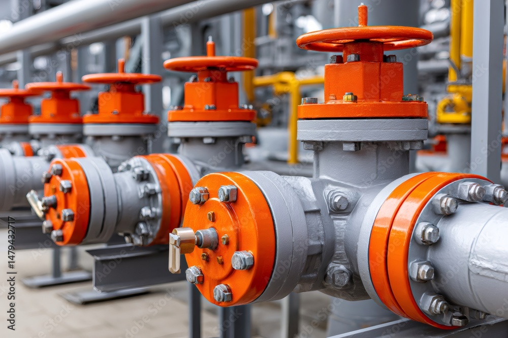 Poster industrial valves regulating flow in a pipeline network