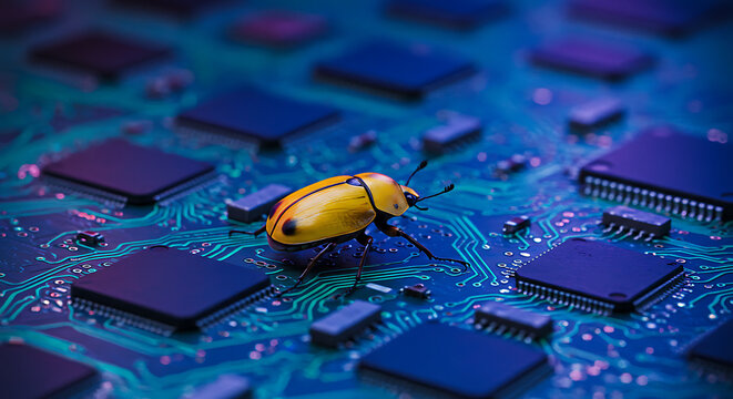 Close up of yellow computer bug on blue printed circuit board highlighting microelectronics