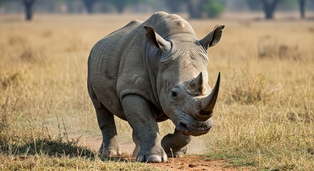 Obraz premium Powerful Rhino Ready to Charge; Dynamic Wildlife Action Shot, African Safari Thrill