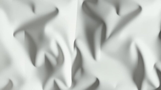 A close-up abstract view of a white, crinkled, or dimpled surface with soft shadows, suggesting a textured paper, fabric, or molded material, creating a subtle interplay of light and form.