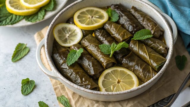 Stuffed Grape Leaves with Lemon and Mint &ndash; Traditional Mediterranean Dish
