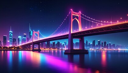 A vibrant cityscape featuring a glowing bridge illuminated in neon lights, reflecting beautifully on the water, set against a starry night sky
