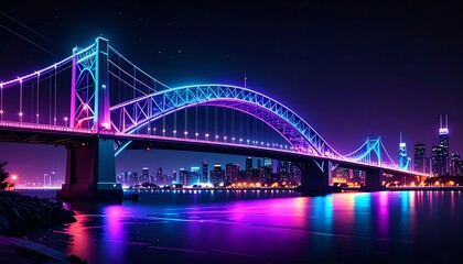 Obraz premium A vibrant city skyline at night features a stunning illuminated bridge, reflecting colorful lights on the tranquil water below