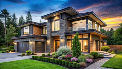 Modern Two-Story House, Luxury Home Design,  Real Estate Photography, Deep Depth of Field