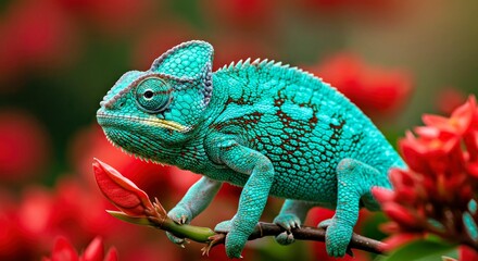 Obraz premium Vibrant Turquoise & Orange Chameleon on Red Flowers; Exotic Reptile Wildlife Photography