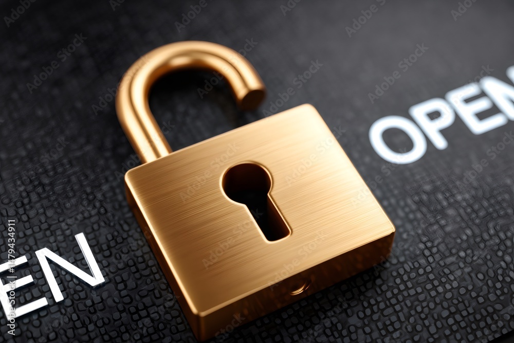 Poster Open padlock on black surface symbolizing security and access