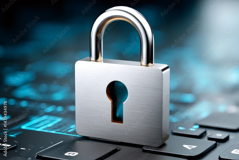 Poster Padlock protecting digital information on computer keyboard