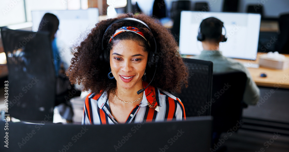 Poster happy, business and woman with computer at call centre for customer support, information and script.