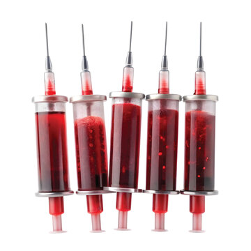Bloody Syringe Jelly Shots: Red jelly in plastic syringes with blood effect, spooky Halloween theme, PNG