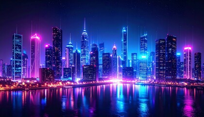 A vibrant city skyline illuminated by neon lights, reflecting on a calm river, showcasing modern architecture and a futuristic ambiance
