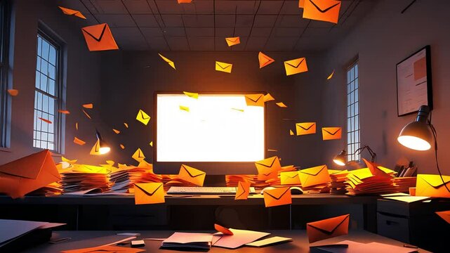 Flying orange envelopes scattered across dark cluttered office with glowing screen and dramatic lighting creating a chaotic paper storm scene

