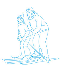  Young father teaching daughter to ski