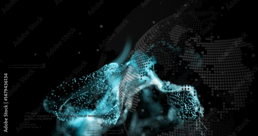 Poster binary digits and turquoise clusters flowing across dark void, forming dot-matrix data-driven globe