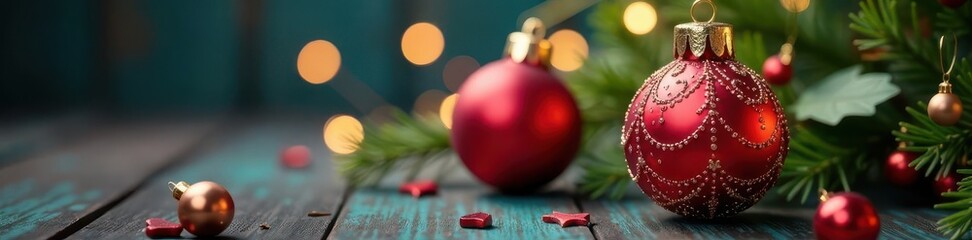 Close-up of festive ornaments, blurred background, design, gold