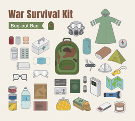 War Survival kit set. Pack of tools for first aid help, suppiort. Bug-out Bag, War Emergency Kit, Crisis Preparedness, Self-Rescue Gear.