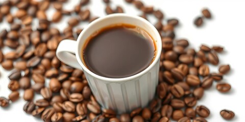 Fototapeta premium Hot coffee in paper cup with coffee beans, isolated, brown, coffee shop