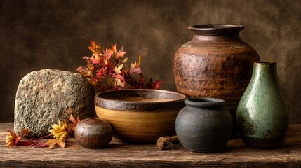 Rustic Autumn Scene with Pottery and Stone .