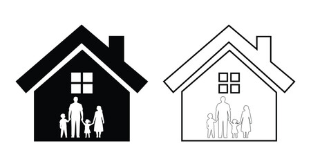 Family in House Silhouette Icons, Safe Home Concept Vector Illustration