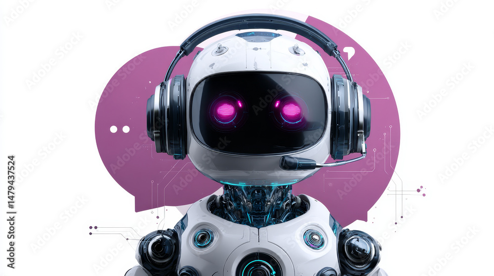 Poster technical support icon. chat bot web assistance. robot in headphone. front view