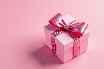 Fototapeta premium Elegant Valentine's gift Pink bow, sequins Pastel pink background , gift box, romantic, texture
