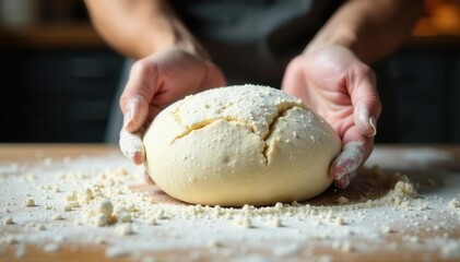 Flour dusts strong hands shaping dough; baking bread , process, bread