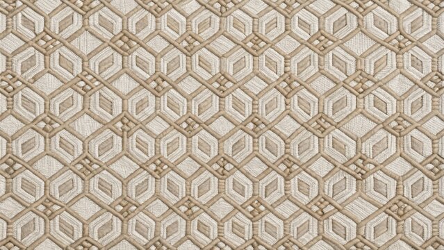 Elegant Beige Textile with Intricate Geometric Pattern Featuring Interlocking Hexagons and Linear Designs