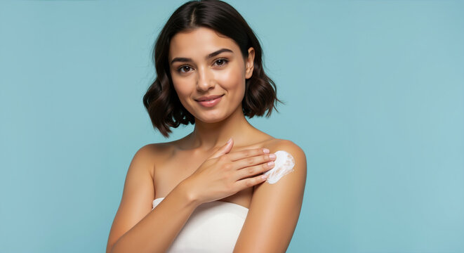 Woman applying white cream on shoulder against blue background. Skincare routine for moisturizing products, sunscreen protection and beauty treatments promotion