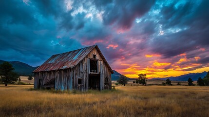 Rustic Barn in a Summer Sunset Landscape .
