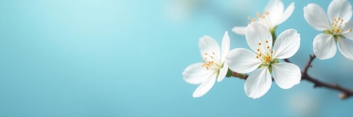 Fototapeta premium Isolated white blossoms against soft blue background , spring, art