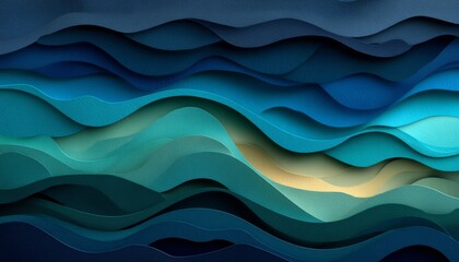 Obraz premium Fluid Abstract Paper Waves in Blue and Mint A 3D Render., Paper craft aesthetic., Digital art.