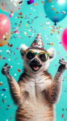 Party animal! Colorful photo of funny, happy lemur on aqua background. Balloons, confetti, happy mood. Birthday celebration Vertical banner for instastory, reel or tiktok	

