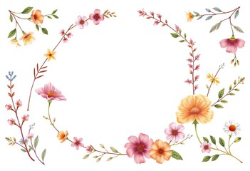 Fototapeta premium Hand-drawn wildflowers & foliage frame wedding invitation template; elegant floral background, romantic, invitation