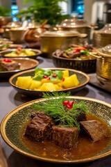 Buffet Cuisine, Roasted Meat, Potatoes