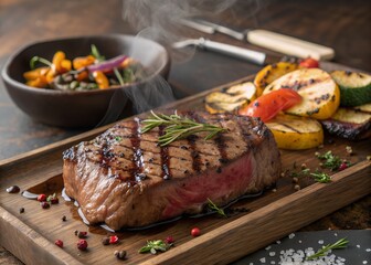 Juicy Grilled Steak with Rosemary Garnish and Grilled Vegetables Including Zucchini and Peppers on a Rustic Wooden Platter with a Side of Roasted Veggies.