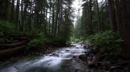 Dense forest stream flowing through rocky terrain.