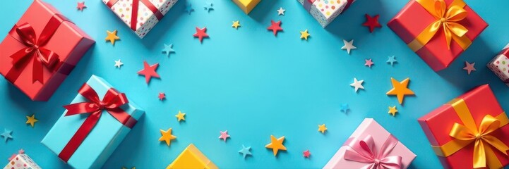 Fototapeta premium Overhead colorful gift boxes, blue background, boxes, presents, gift boxes overhead