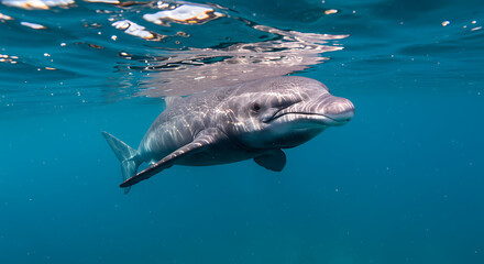Naklejka premium Graceful Atlantic Bluefin Tuna Swimming Swiftly in Ocean Clear Waters